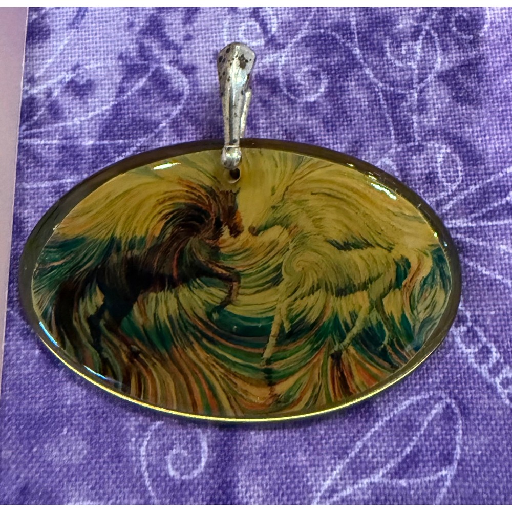 Energy Artist Julia Watkins Pendant Yellow Yin Yang Black White Horses NEW